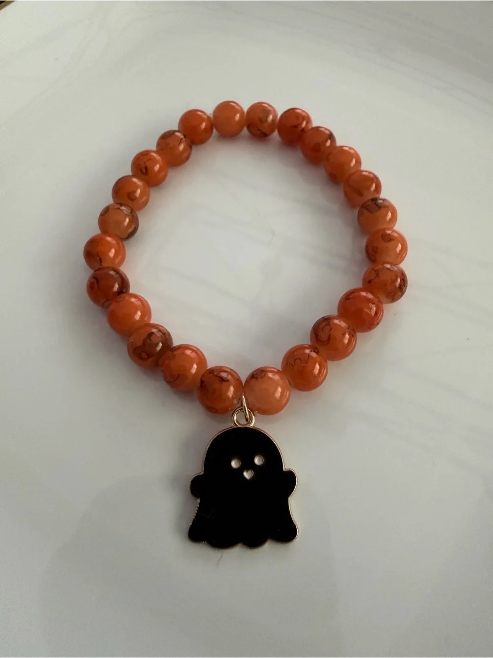 Kawaii Ghost Charm Orange Beaded Stretch Bracelet Handmade Festive Jewelry